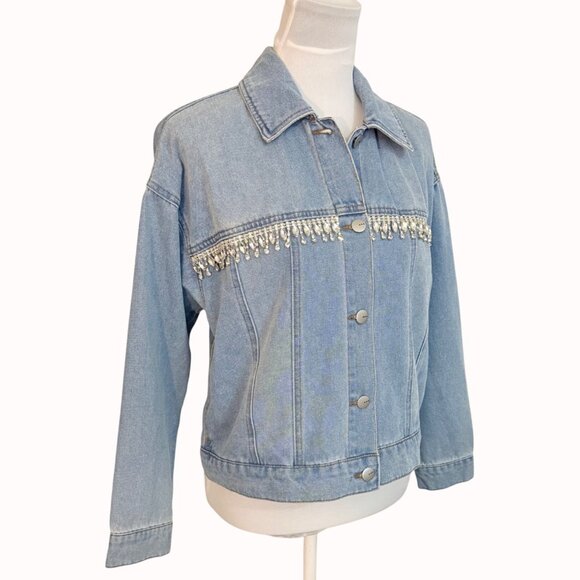 TGLA Denim Jacket Rhinestone Fringe Size M Light Wash Western Cowgirl Jean Coat - Picture 6 of 16